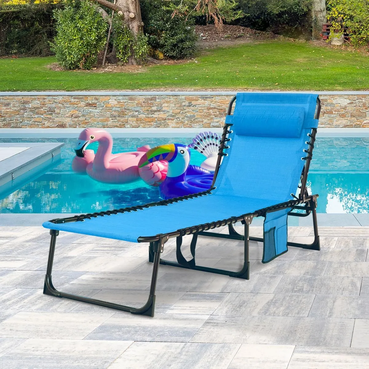 Patio Lounge Chair Folding Chaise Bed - Heavy-Duty 400lb Capacity Portable Adjustable Recliner w/Pillow for Pool, Camping, Sunbathing - Lay Flat Design (Blue)
