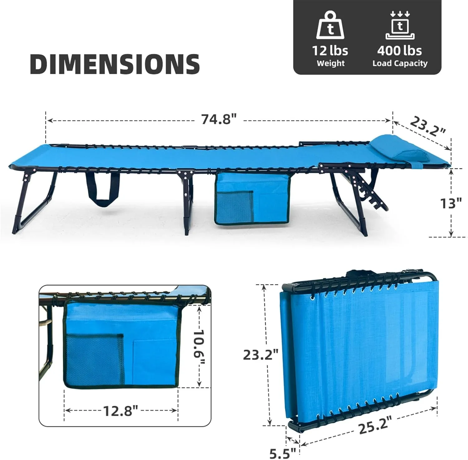 Patio Lounge Chair Folding Chaise Bed - Heavy-Duty 400lb Capacity Portable Adjustable Recliner w/Pillow for Pool, Camping, Sunbathing - Lay Flat Design (Blue)
