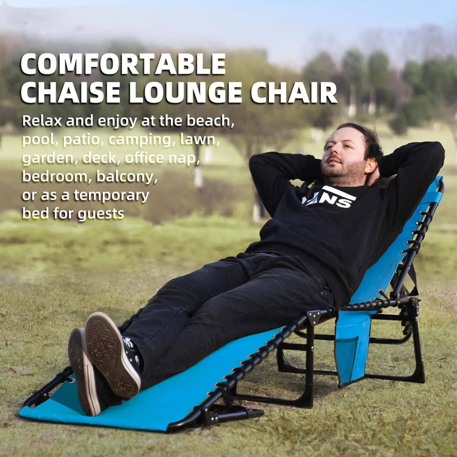 Patio Lounge Chair Folding Chaise Bed - Heavy-Duty 400lb Capacity Portable Adjustable Recliner w/Pillow for Pool, Camping, Sunbathing - Lay Flat Design (Blue)