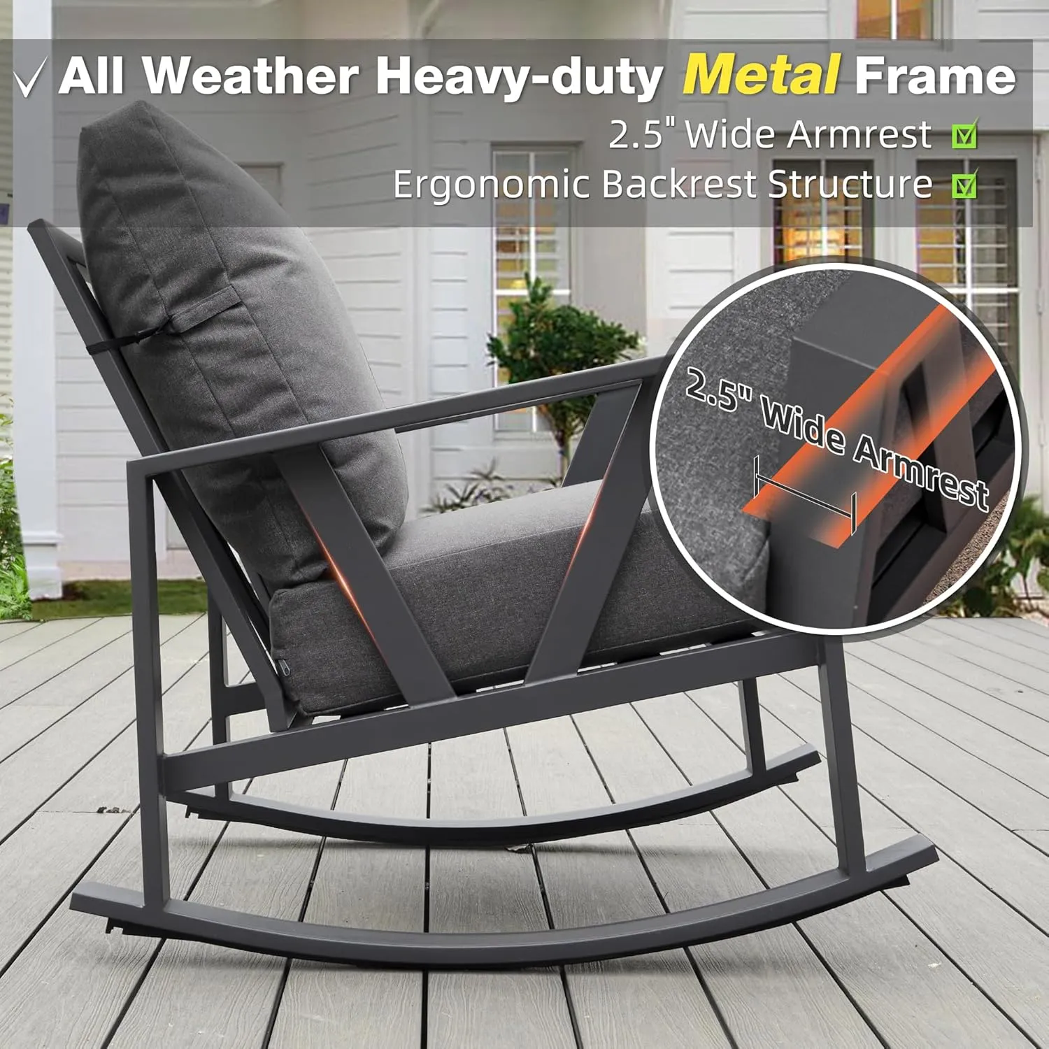 Patio Porch Furniture Set, Patio Outdoor Rocking Chairs Set of 2 with Coffee Table, 3 Piece Metal Outdoor Patio Furniture Set, Small Patio Bistro Conversation Set, Grey
