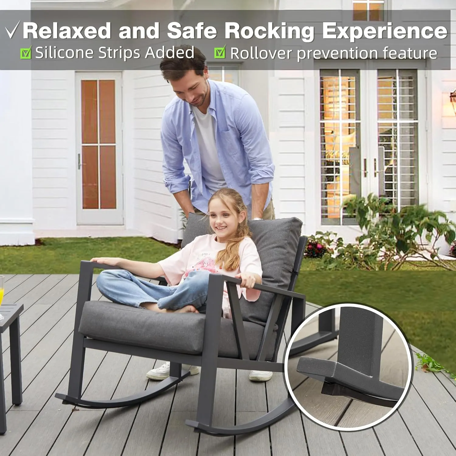 Patio Porch Furniture Set, Patio Outdoor Rocking Chairs Set of 2 with Coffee Table, 3 Piece Metal Outdoor Patio Furniture Set, Small Patio Bistro Conversation Set, Grey
