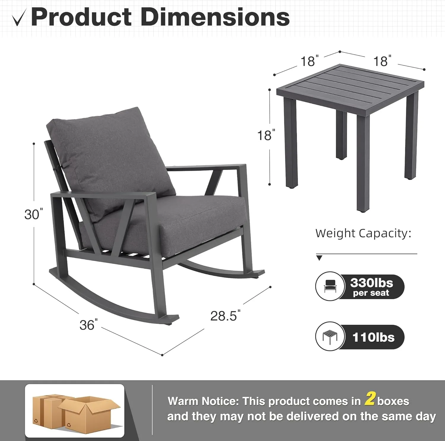 Patio Porch Furniture Set, Patio Outdoor Rocking Chairs Set of 2 with Coffee Table, 3 Piece Metal Outdoor Patio Furniture Set, Small Patio Bistro Conversation Set, Grey
