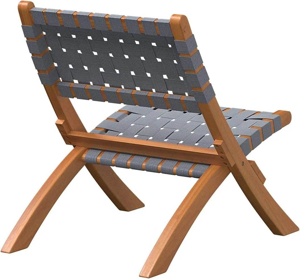 Patio Sense 63637 Sava Indoor Outdoor Folding Chair Low Slung Portable Seating Solid Acacia Wood Woven Seat & Back Indoors Porch Lawn Garden Fishing Sporting - Gray Webbing