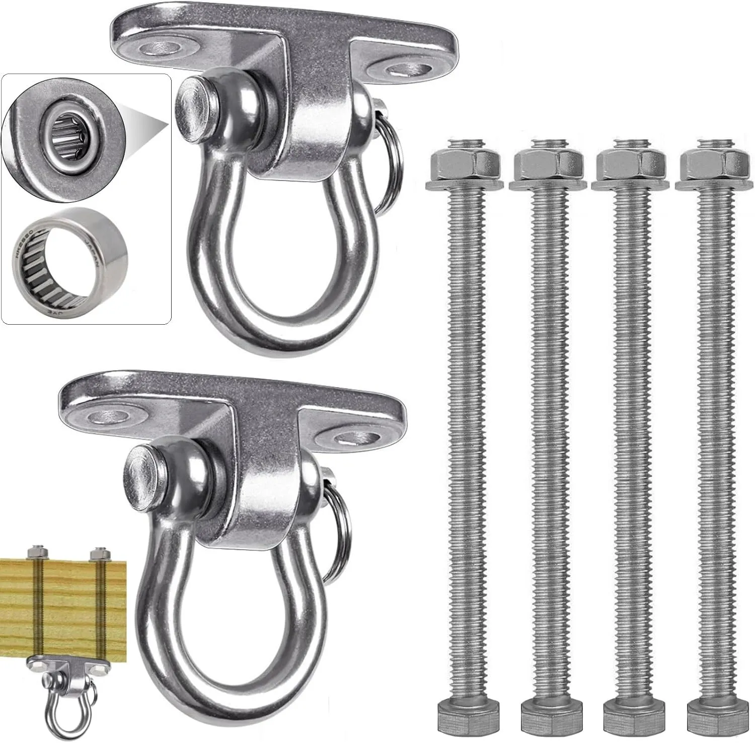 Permanent Antirust Stainless Heavy Duty 180° Rotary SwingSlient Bearing Swing Hanger,1500LB Wood Playground Yoga Hammock Chair, Rope sandbag Porch Swing 8.3/.031"
