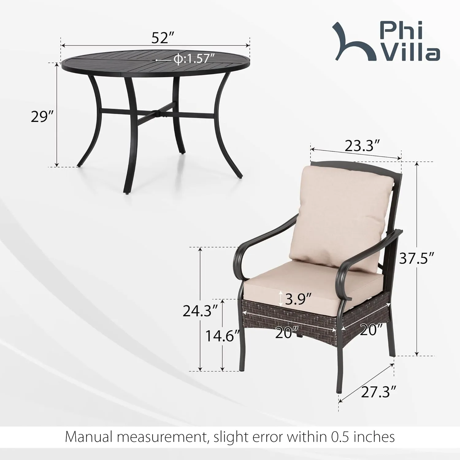 PHI VILLA 7-Piece Outdoor Dining Sets, All-Weather Patio Table and Chairs Set for 6, Heavy Duty Patio Round Table Set for Deck, 6 Extra Large Outdoor Metal Dining Chairs with Thick Cushions