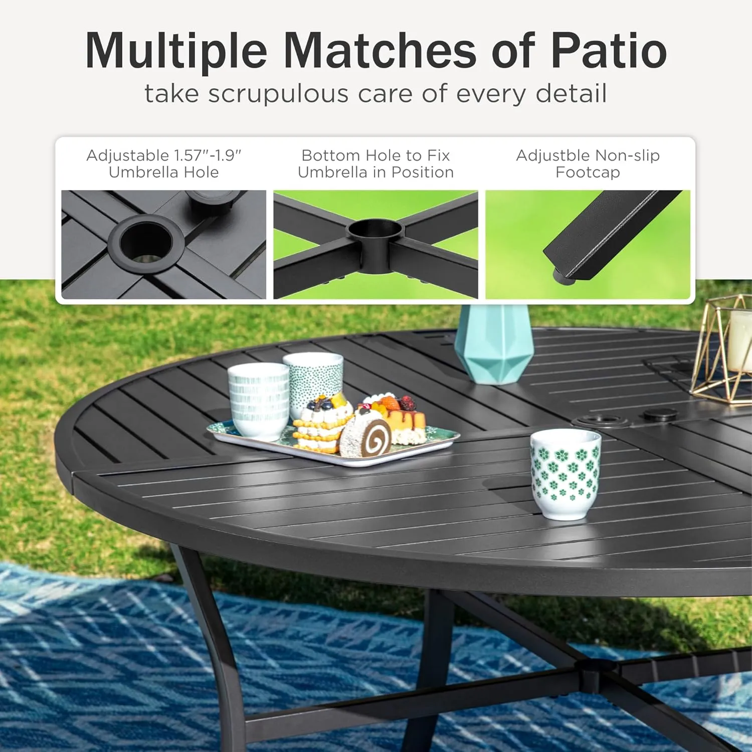 PHI VILLA 7-Piece Outdoor Dining Sets, All-Weather Patio Table and Chairs Set for 6, Heavy Duty Patio Round Table Set for Deck, 6 Extra Large Outdoor Metal Dining Chairs with Thick Cushions