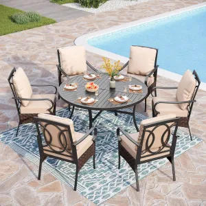 PHI VILLA 7-Piece Outdoor Dining Sets, All-Weather Patio Table and Chairs Set for 6, Heavy Duty Patio Round Table Set for Deck, 6 Extra Large Outdoor Metal Dining Chairs with Thick Cushions