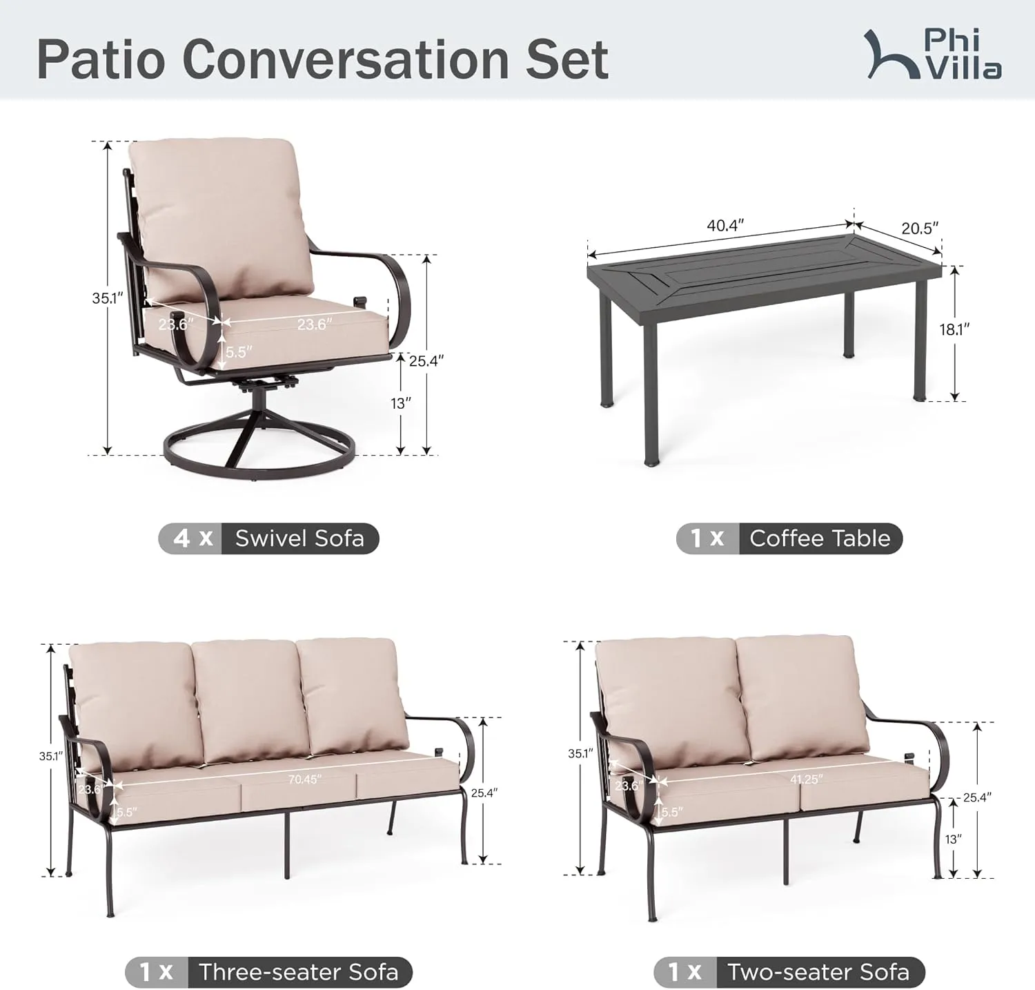 PHI VILLA Extra Large Metal Patio Furniture Sets, All-Weather Steel Frame Heavy Duty Patio Conversation Sets for Backyard, Porch and Garden