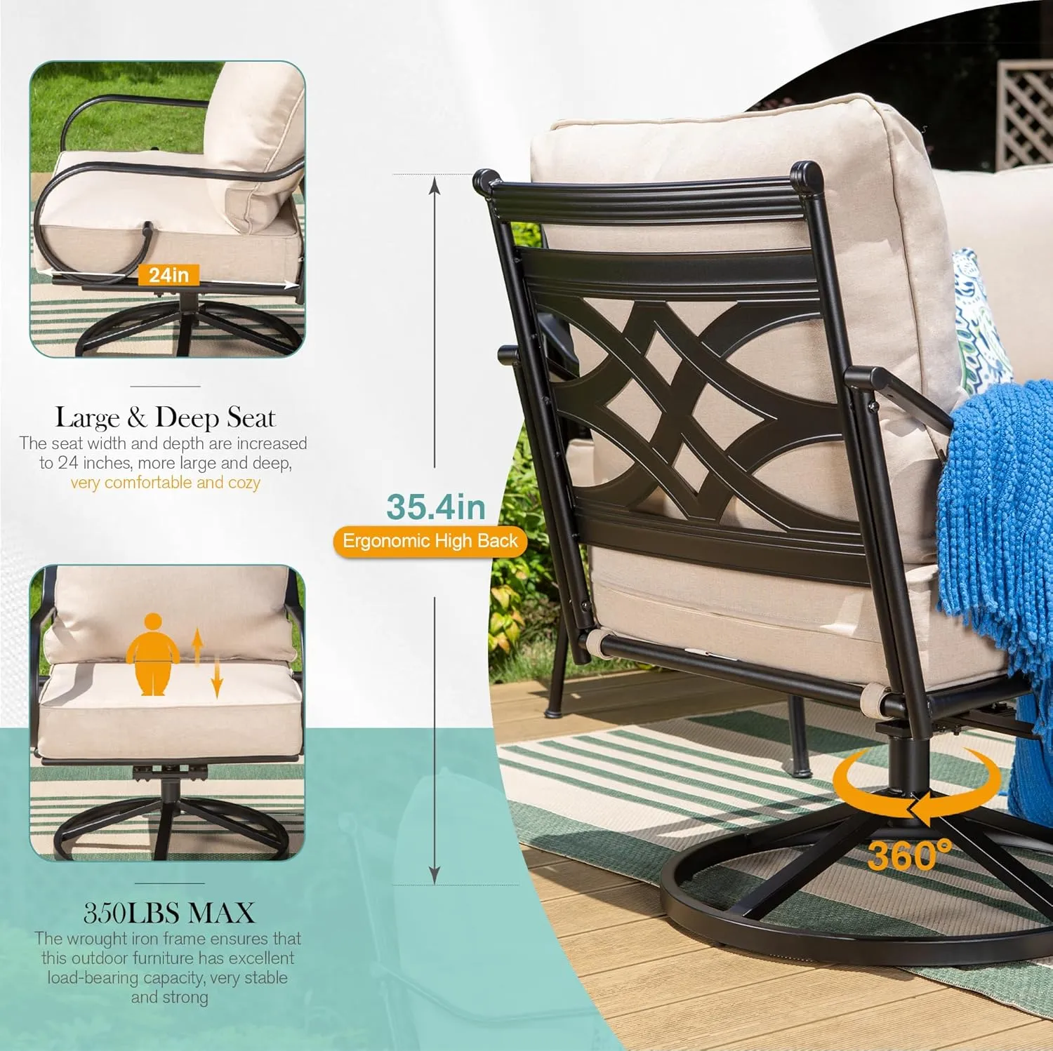 PHI VILLA Extra Large Metal Patio Furniture Sets, All-Weather Steel Frame Heavy Duty Patio Conversation Sets for Backyard, Porch and Garden