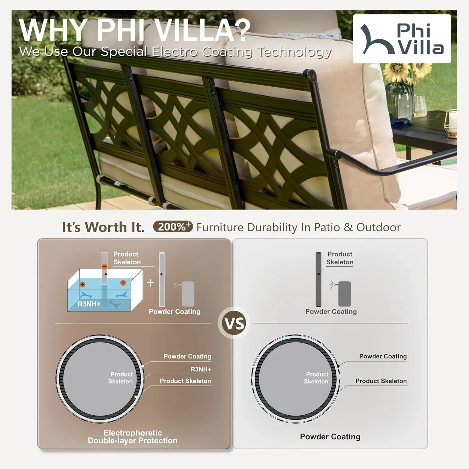 PHI VILLA Extra Large Metal Patio Furniture Sets, All-Weather Steel Frame Heavy Duty Patio Conversation Sets for Backyard, Porch and Garden