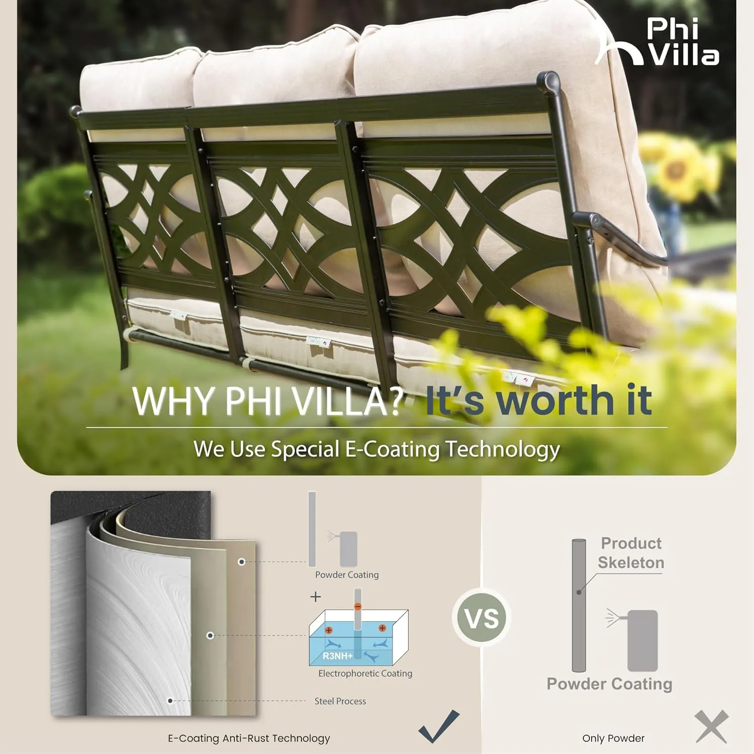 PHI VILLA Extra Large Metal Patio Furniture Sets, All-Weather Steel Frame Heavy Duty Patio Conversation Sets for Backyard, Porch and Garden