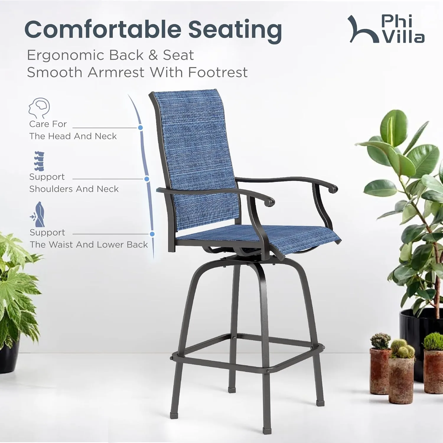 PHI VILLA Outdoor Swivel Bar Stools Set of 2, 30" Bar Height Tall Patio Chairs with All Weather Textilene Fabric, High Top Bar Chairs for Balcony, Porch and Deck, Blue
