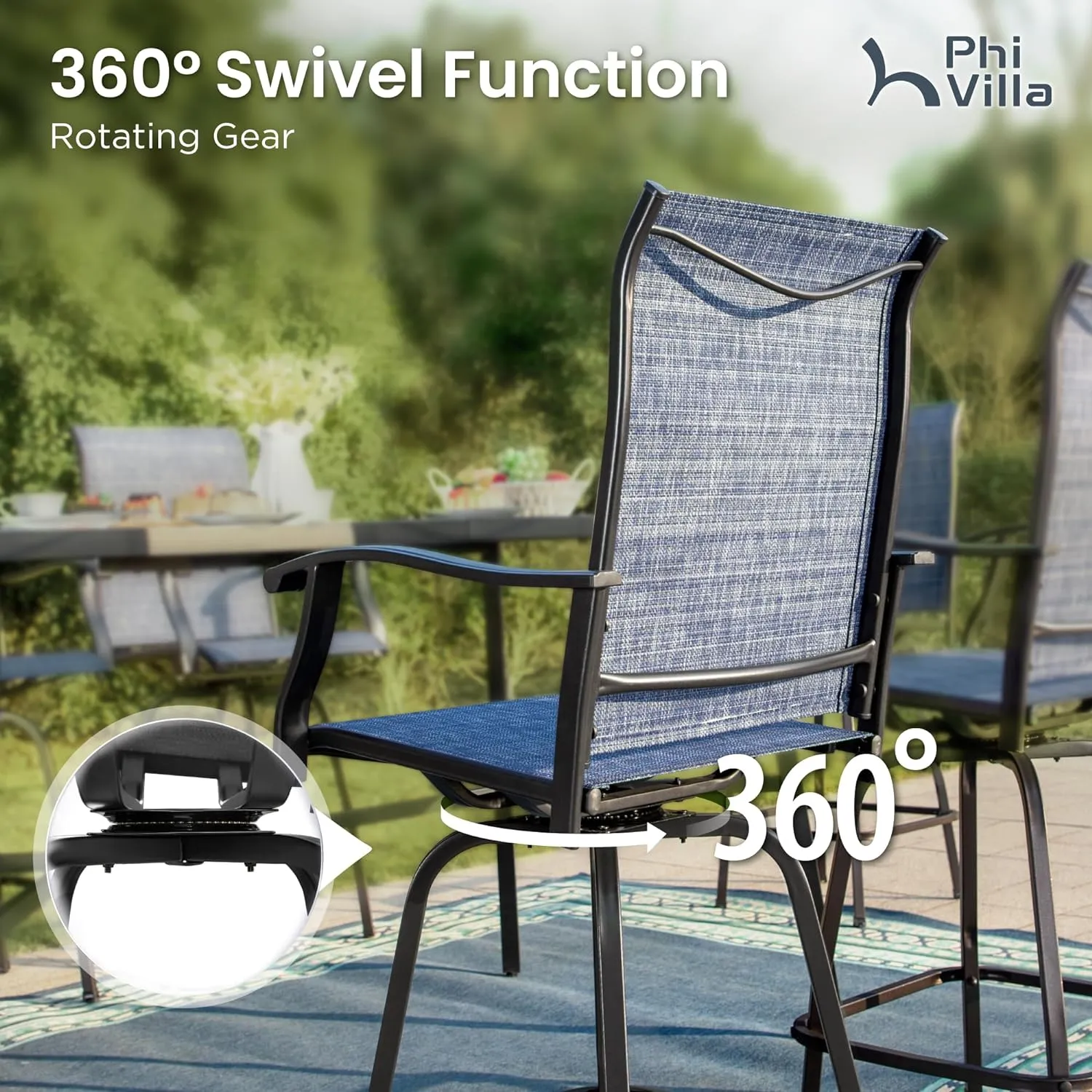 PHI VILLA Outdoor Swivel Bar Stools Set of 2, 30" Bar Height Tall Patio Chairs with All Weather Textilene Fabric, High Top Bar Chairs for Balcony, Porch and Deck, Blue