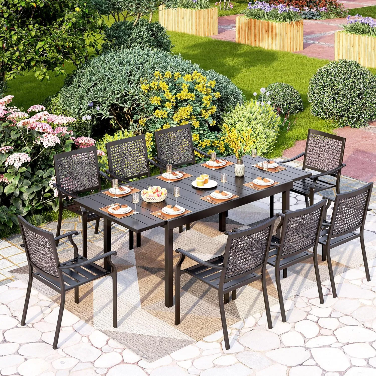 PHI VILLA Stackable Wrought Iron Patio Dining Chairs - Set of 2 Black Outdoor Chair Bistro Metal Chairs, Support 300 LBS