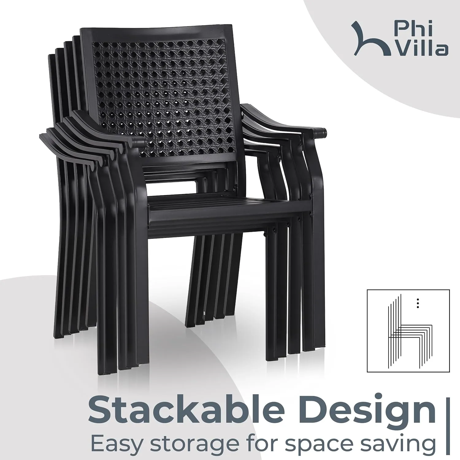 PHI VILLA Stackable Wrought Iron Patio Dining Chairs - Set of 2 Black Outdoor Chair Bistro Metal Chairs, Support 300 LBS