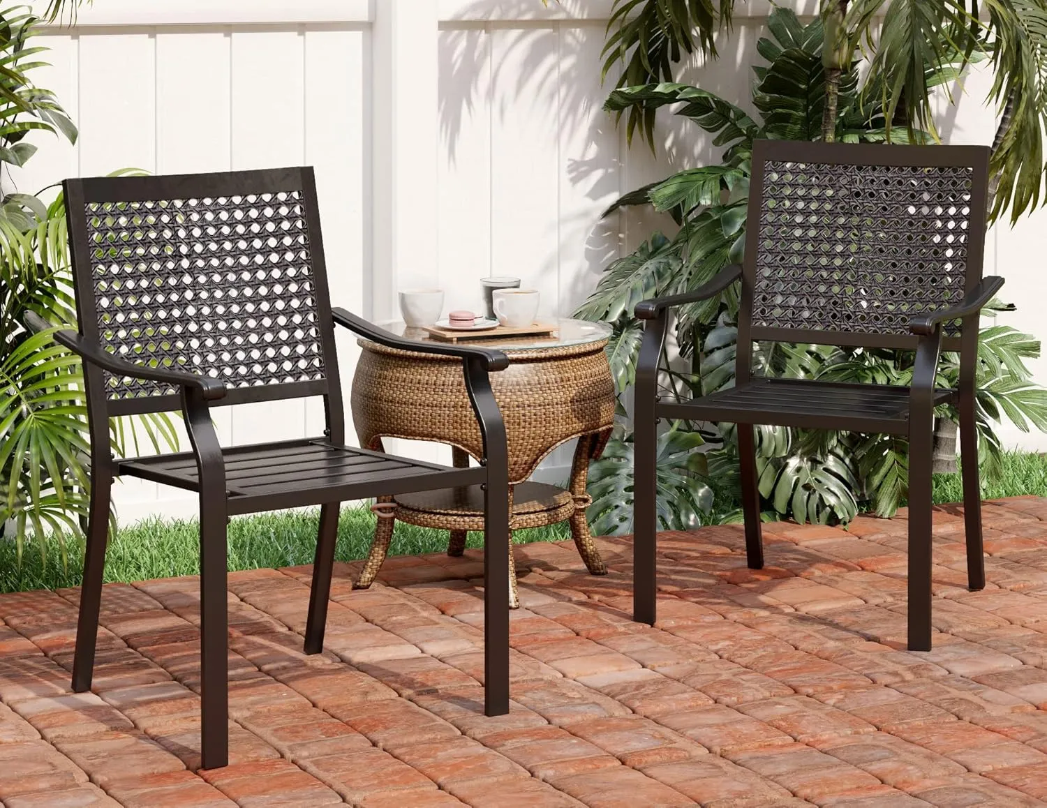 PHI VILLA Stackable Wrought Iron Patio Dining Chairs - Set of 2 Black Outdoor Chair Bistro Metal Chairs, Support 300 LBS