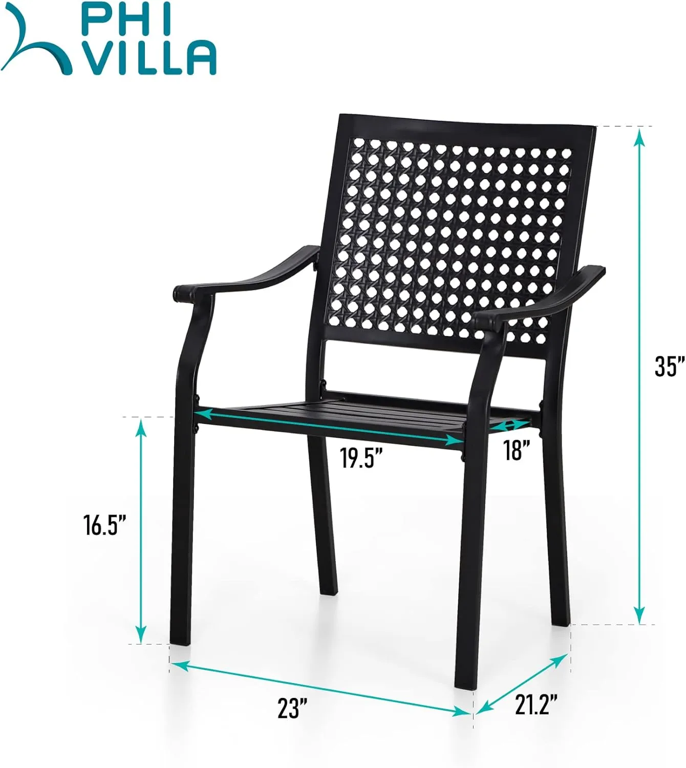 PHI VILLA Stackable Wrought Iron Patio Dining Chairs - Set of 2 Black Outdoor Chair Bistro Metal Chairs, Support 300 LBS