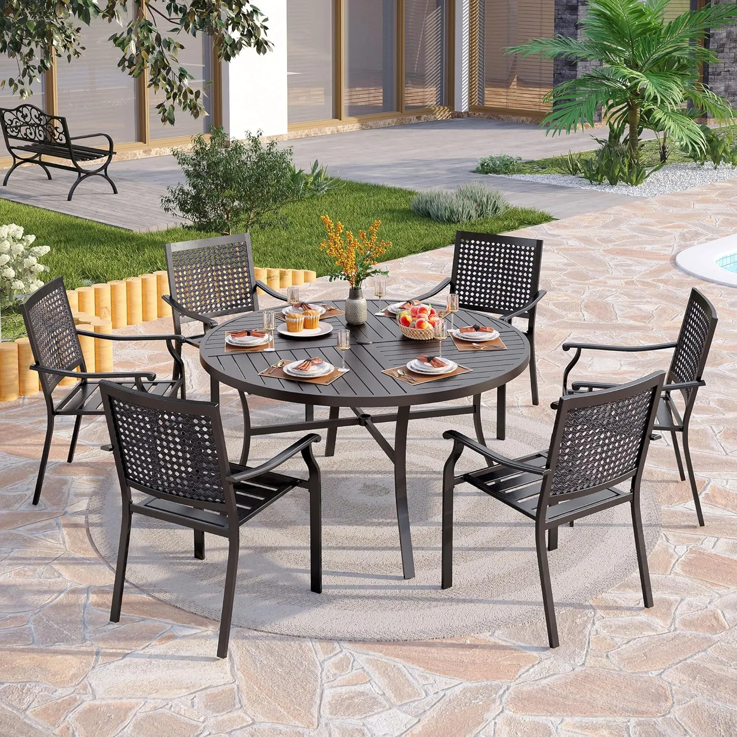 PHI VILLA Stackable Wrought Iron Patio Dining Chairs - Set of 2 Black Outdoor Chair Bistro Metal Chairs, Support 300 LBS