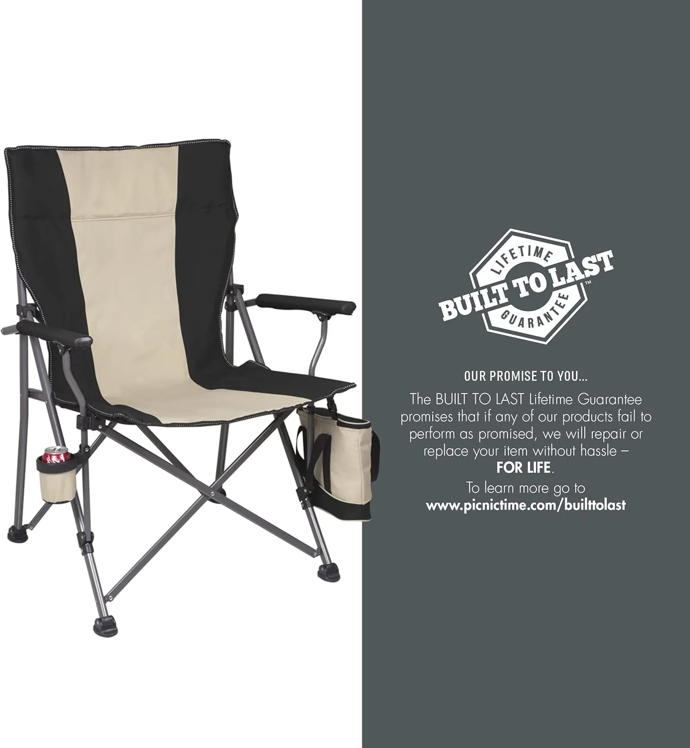 PICNIC TIME Big Bear XXL Camping Chair with Cooler, Heavy Duty Beach Chair, Outdoor Folding Chair, 500 lb weight capacity, (Black)
