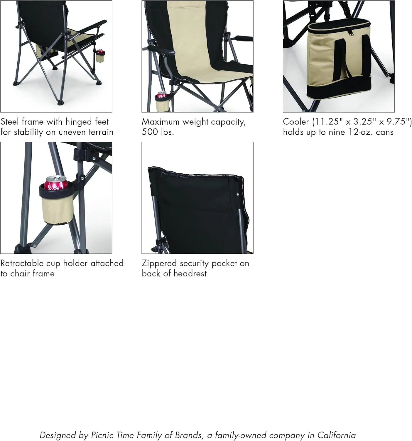 PICNIC TIME Big Bear XXL Camping Chair with Cooler, Heavy Duty Beach Chair, Outdoor Folding Chair, 500 lb weight capacity, (Black)