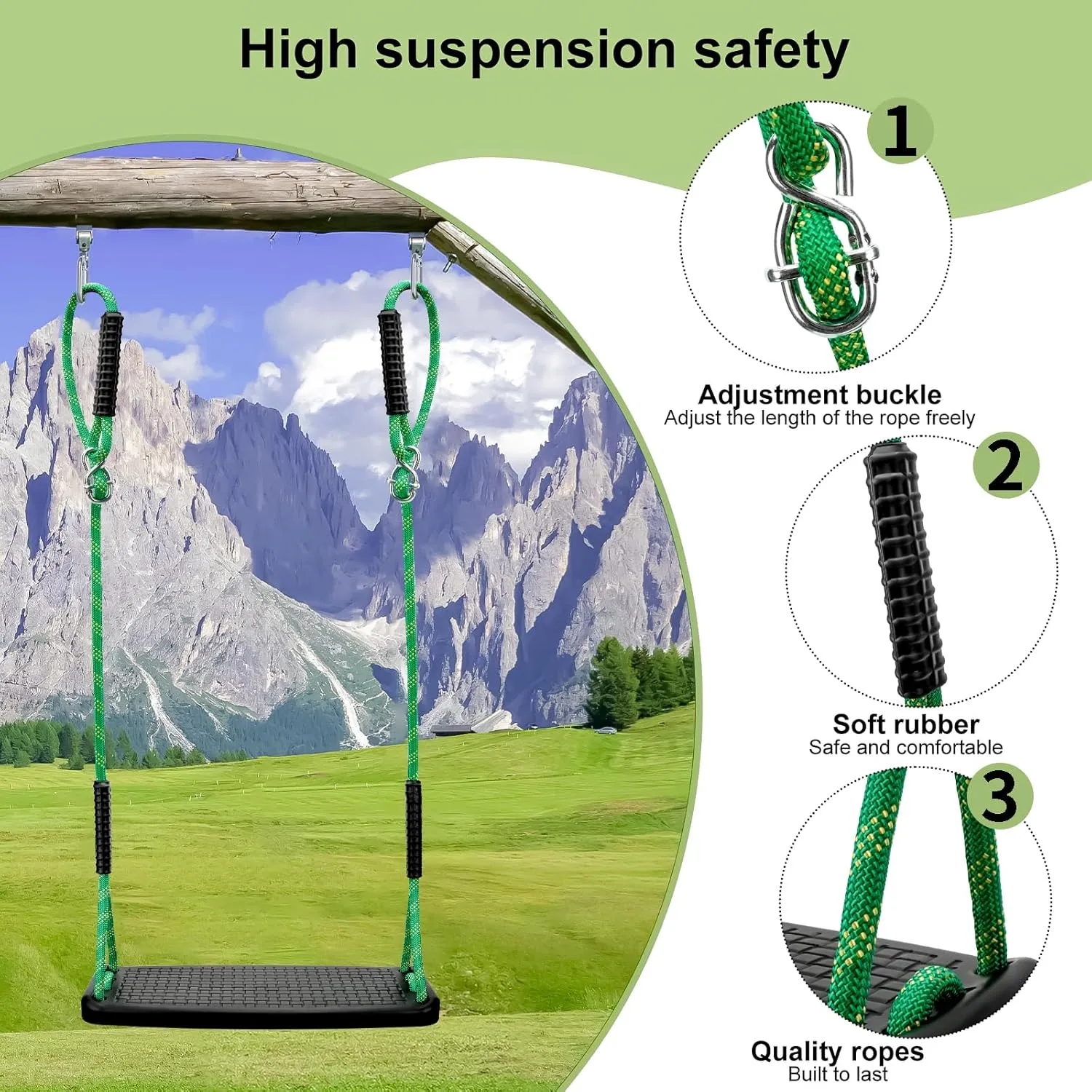 Plastic Swing Set Heavy Duty Replacement,with Adjustable Rope Non-Slip Hanging Tree,Children's Swing Seat Accessories Indoor Outdoor Backyard Playground,Black