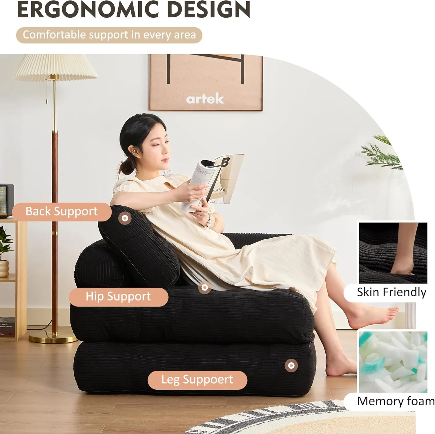 Plus Futon Sofa Bed for Small Spaces, Floor Couch with Armrest, Folding Sofa Couch, Convertible Sleeper Chair Bed with Pillow, Portable Comfy Floor Lounge for Living Room and Bedroom, Black