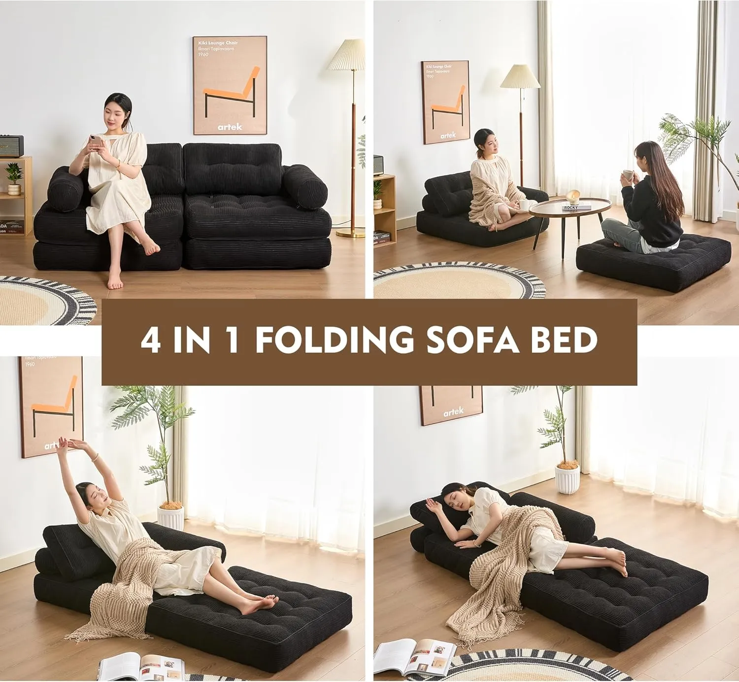 Plus Futon Sofa Bed for Small Spaces, Floor Couch with Armrest, Folding Sofa Couch, Convertible Sleeper Chair Bed with Pillow, Portable Comfy Floor Lounge for Living Room and Bedroom, Black