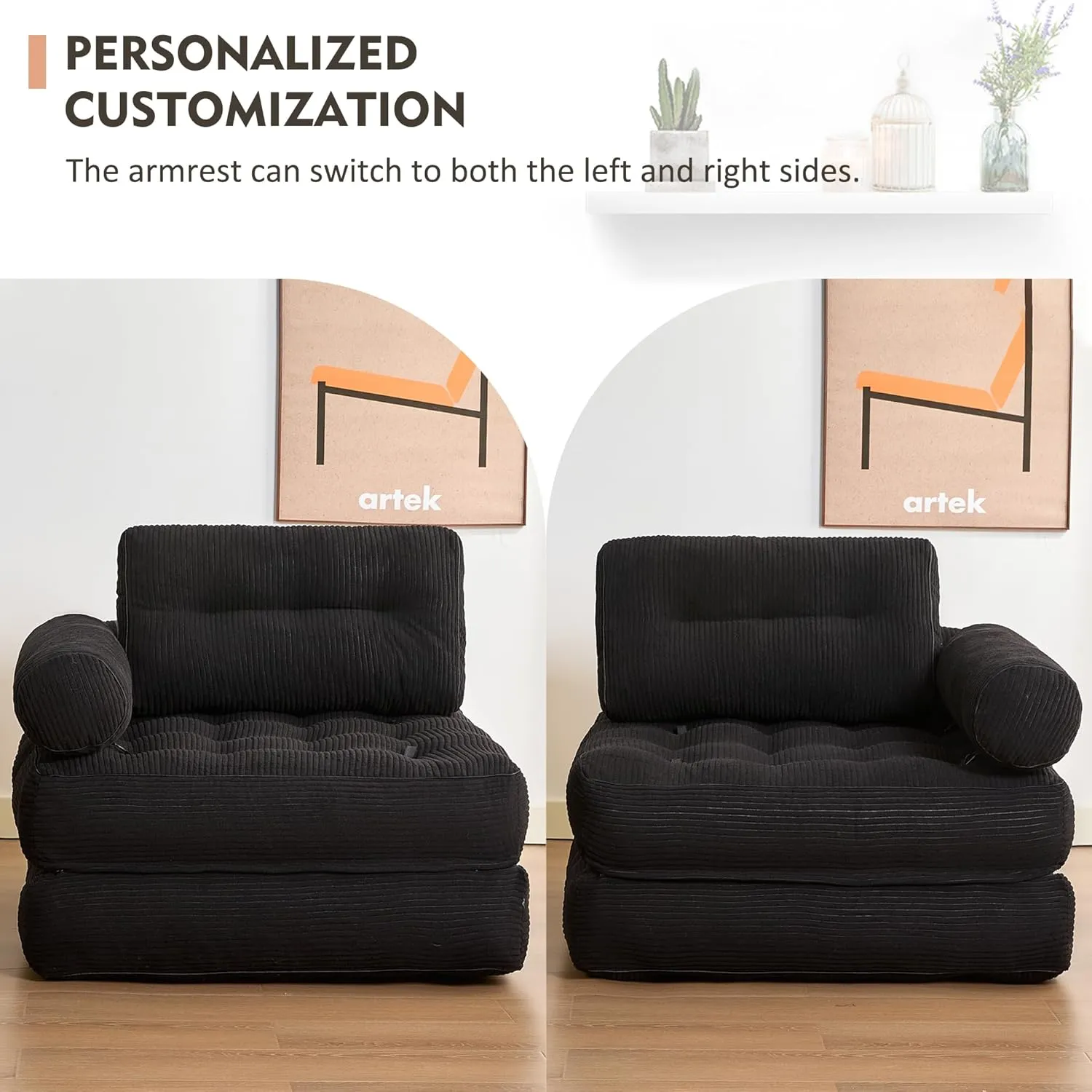 Plus Futon Sofa Bed for Small Spaces, Floor Couch with Armrest, Folding Sofa Couch, Convertible Sleeper Chair Bed with Pillow, Portable Comfy Floor Lounge for Living Room and Bedroom, Black