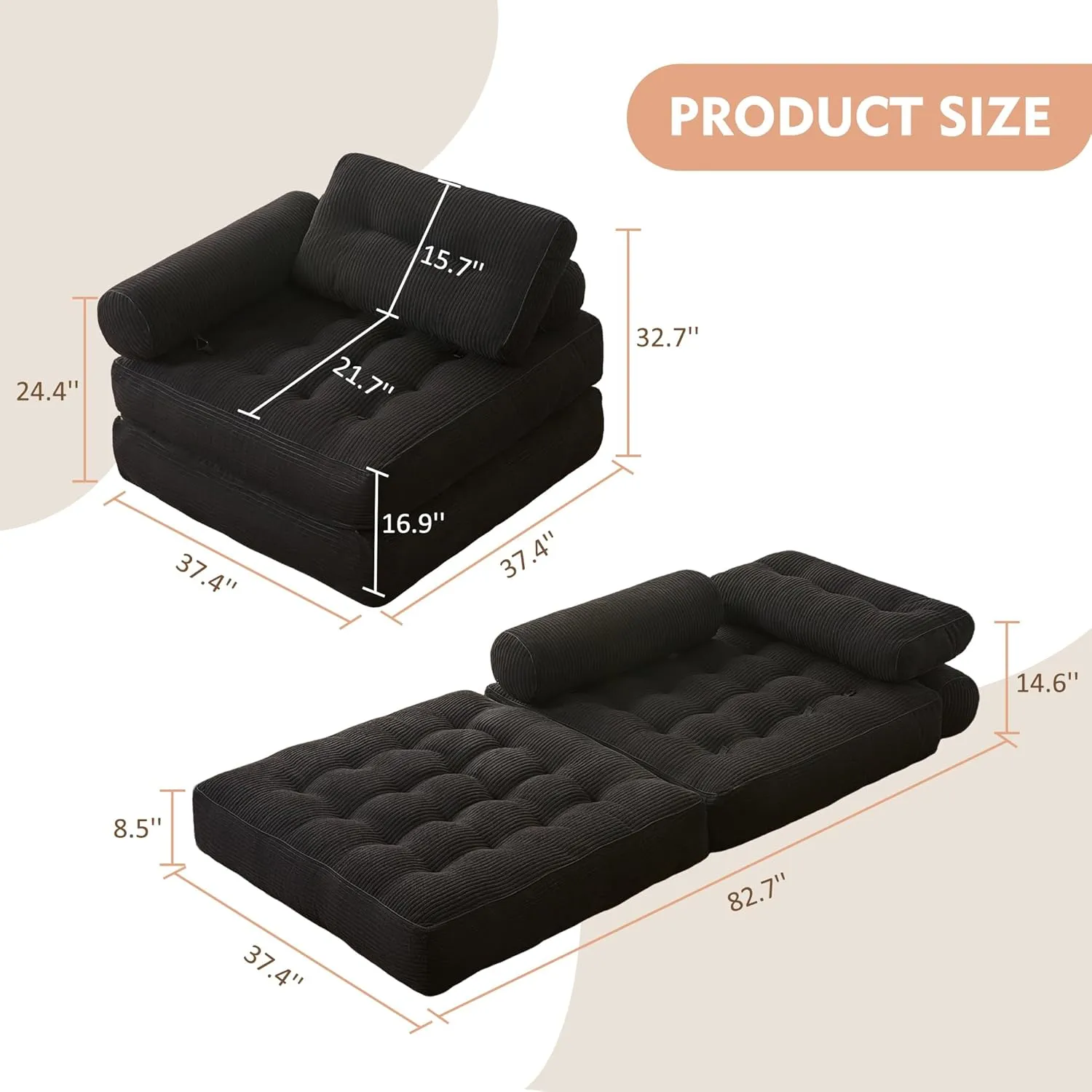 Plus Futon Sofa Bed for Small Spaces, Floor Couch with Armrest, Folding Sofa Couch, Convertible Sleeper Chair Bed with Pillow, Portable Comfy Floor Lounge for Living Room and Bedroom, Black