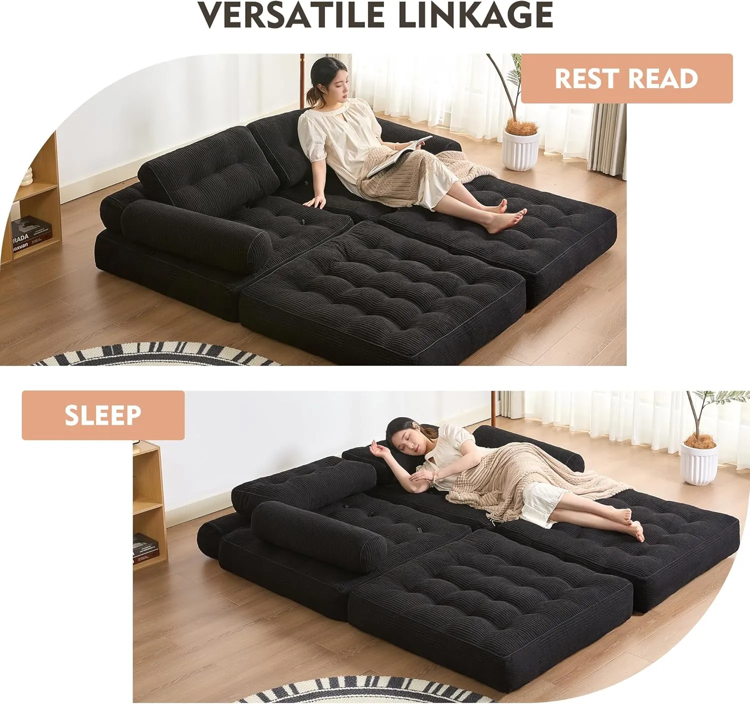 Plus Futon Sofa Bed for Small Spaces, Floor Couch with Armrest, Folding Sofa Couch, Convertible Sleeper Chair Bed with Pillow, Portable Comfy Floor Lounge for Living Room and Bedroom, Black