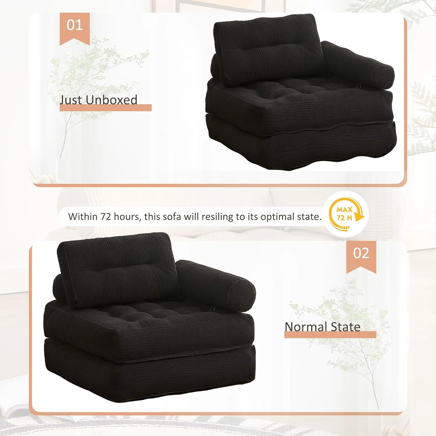 Plus Futon Sofa Bed for Small Spaces, Floor Couch with Armrest, Folding Sofa Couch, Convertible Sleeper Chair Bed with Pillow, Portable Comfy Floor Lounge for Living Room and Bedroom, Black