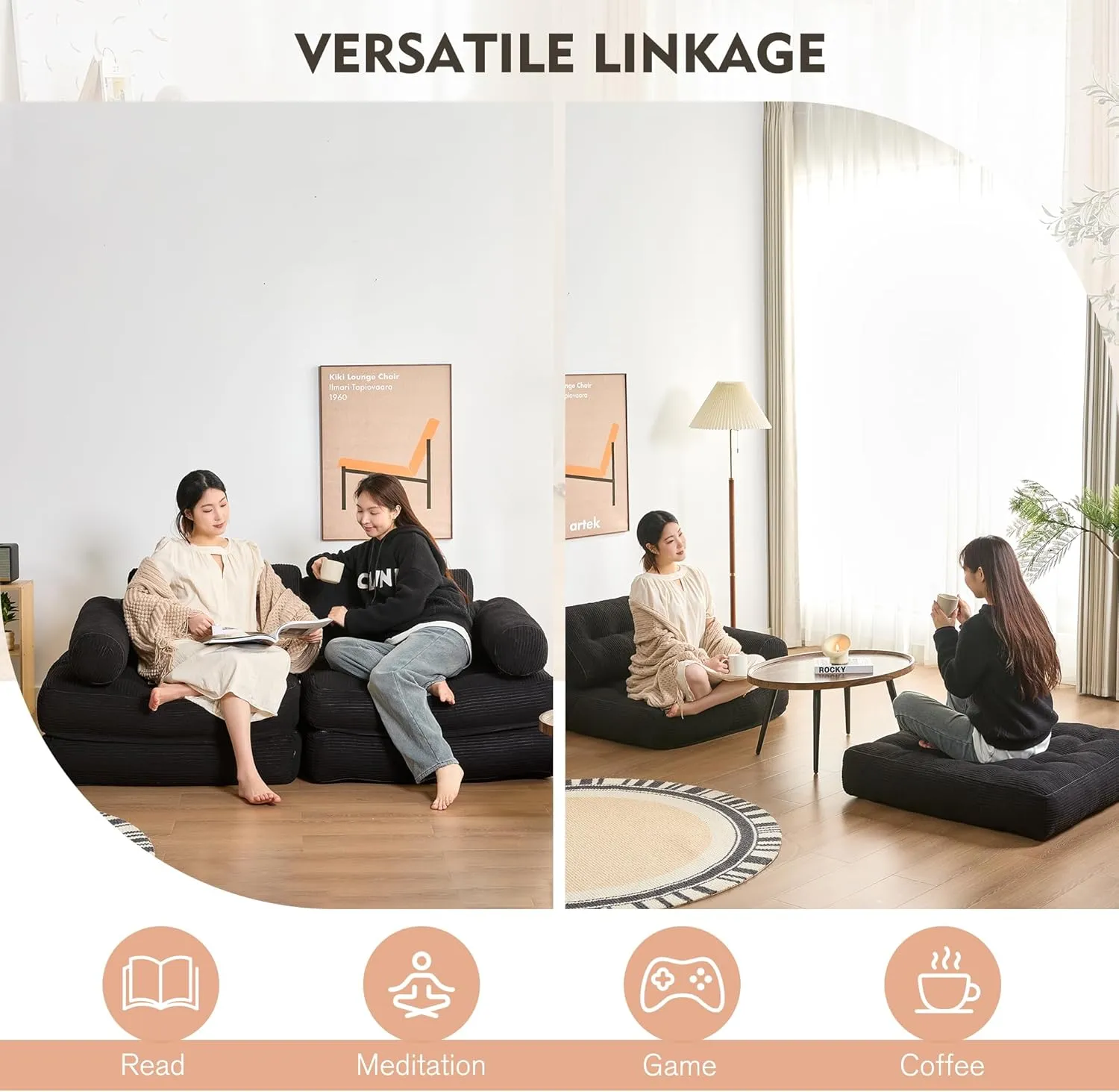 Plus Futon Sofa Bed for Small Spaces, Floor Couch with Armrest, Folding Sofa Couch, Convertible Sleeper Chair Bed with Pillow, Portable Comfy Floor Lounge for Living Room and Bedroom, Black