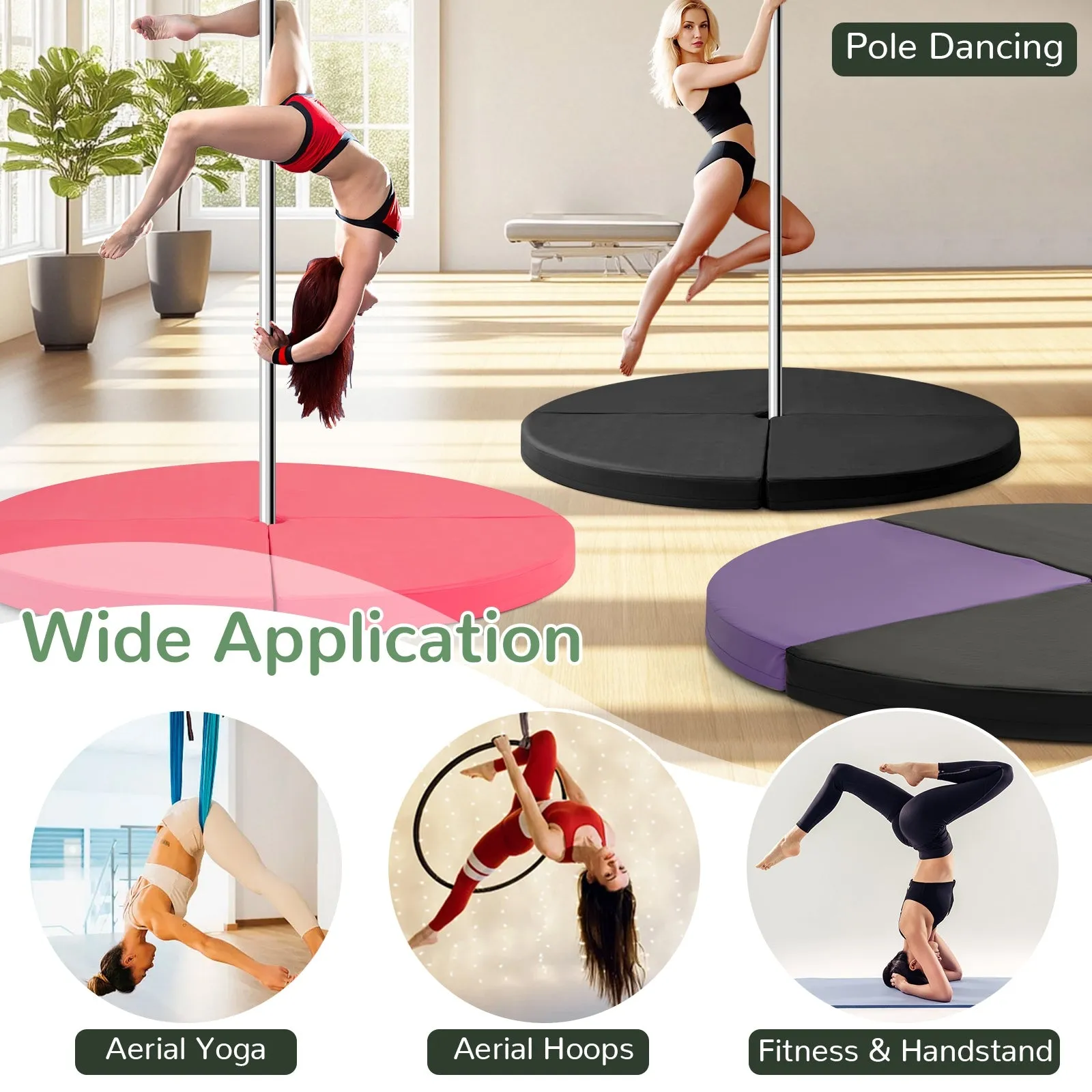 Pole Dance Crash Mat Round Portable Yoga Mat with EPE Foam-Black