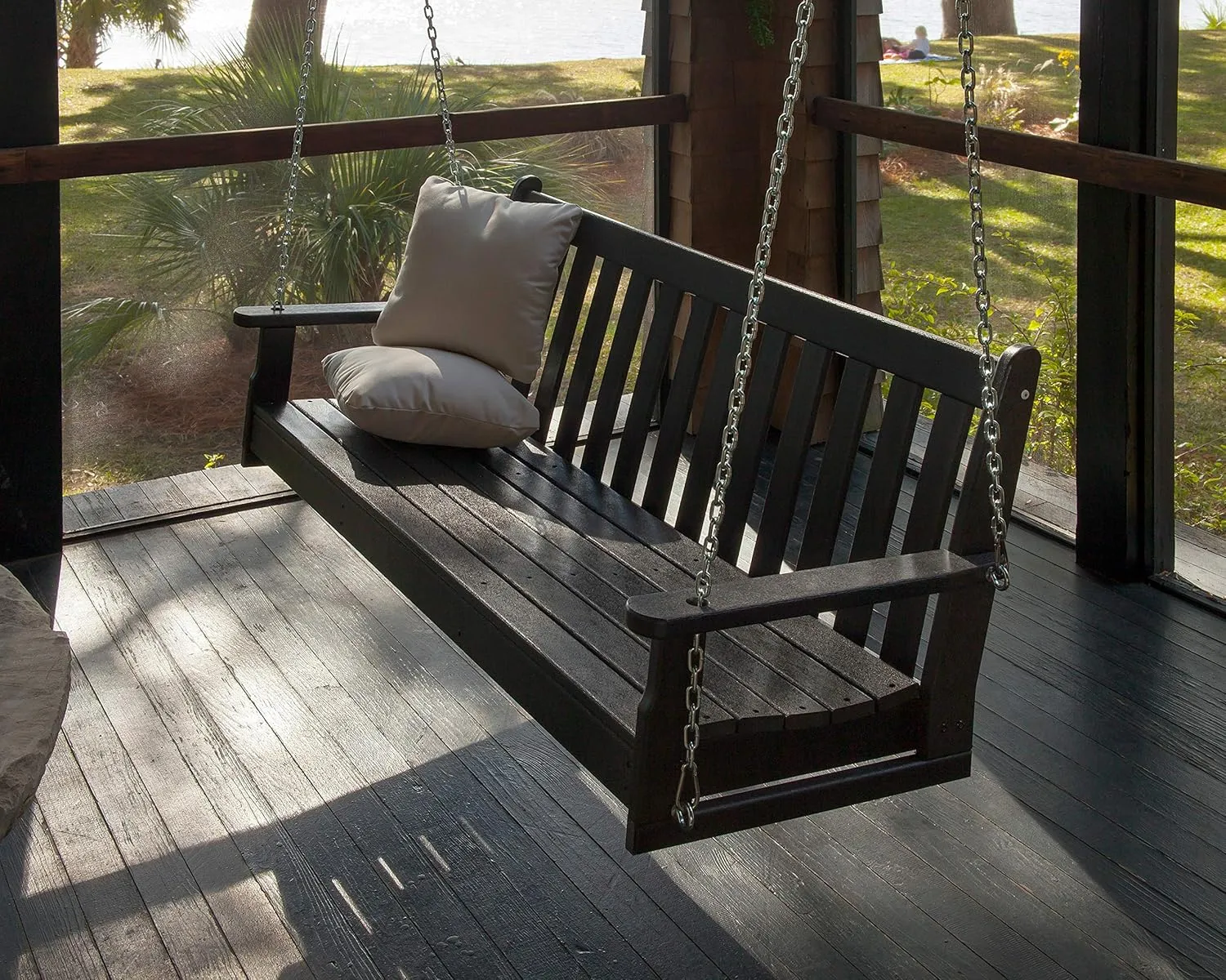 POLYWOOD GNS60BL Vineyard 60" Outdoor Swing, Black & ECT18BL Long Island 18" Side Table, Black