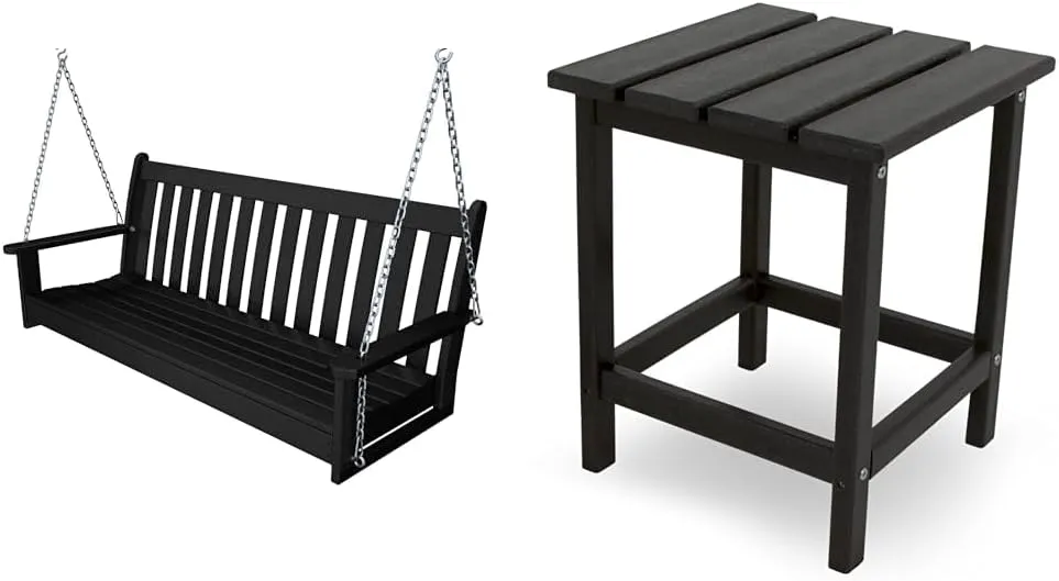 POLYWOOD GNS60BL Vineyard 60" Outdoor Swing, Black & ECT18BL Long Island 18" Side Table, Black