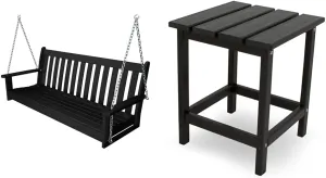 POLYWOOD GNS60BL Vineyard 60" Outdoor Swing, Black & ECT18BL Long Island 18" Side Table, Black