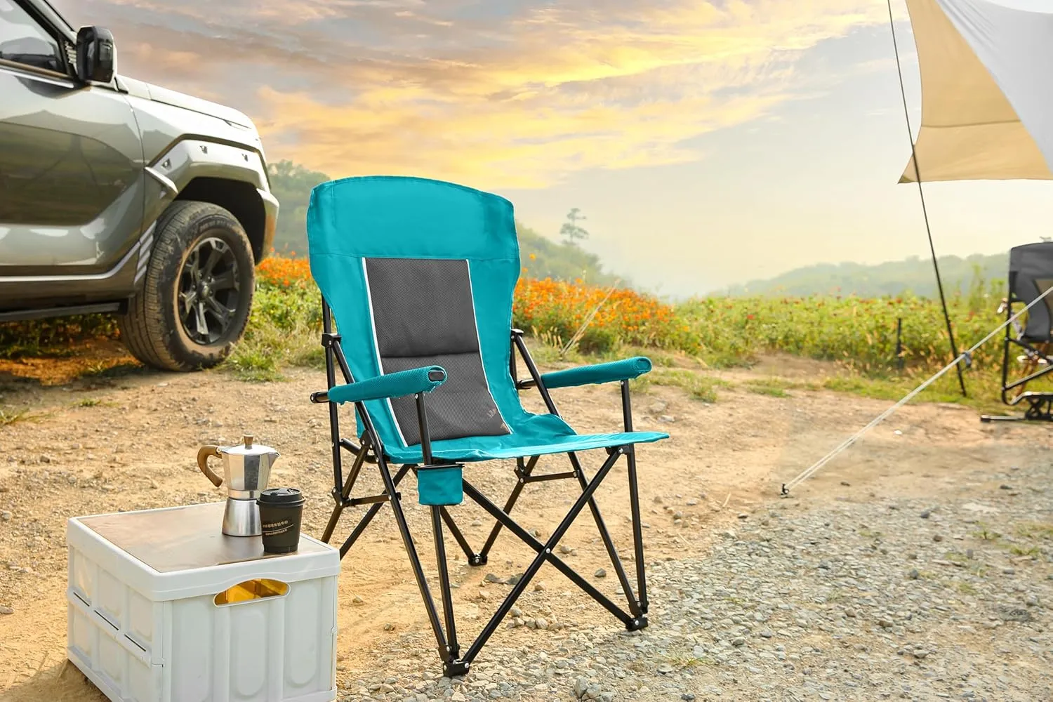 Portable Folding Camping Chair, Heavy Duty Lawn Chair with High Back Support 250LBS Capacity, with Cup Holder, Extra Wide Seat - Durable Outdoor Chair for Beach, Fishing, Backyard (Blue)