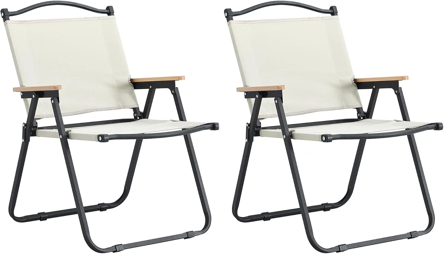 Portable Folding Camping Chairs, Indoor Outdoor Use, Beige with Wood Armrests, Set of 2