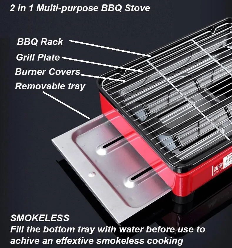 Portable Gas Stove Burner Butane BBQ Camping Cooker with Non-Stick Plate Red