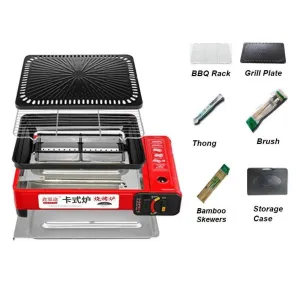Portable Gas Stove Burner Butane BBQ Camping Cooker with Non-Stick Plate Red