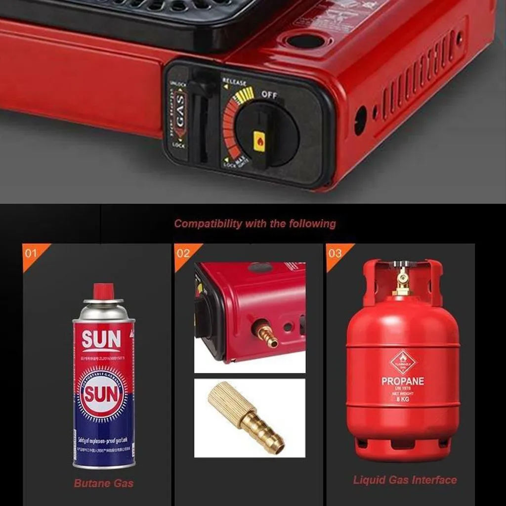 Portable Gas Stove Burner Butane BBQ Camping Cooker with Non-Stick Plate Red