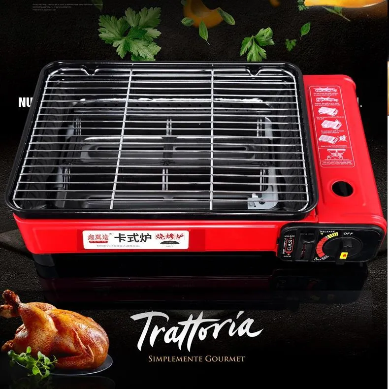 Portable Gas Stove Burner Butane BBQ Camping Cooker with Non-Stick Plate Red
