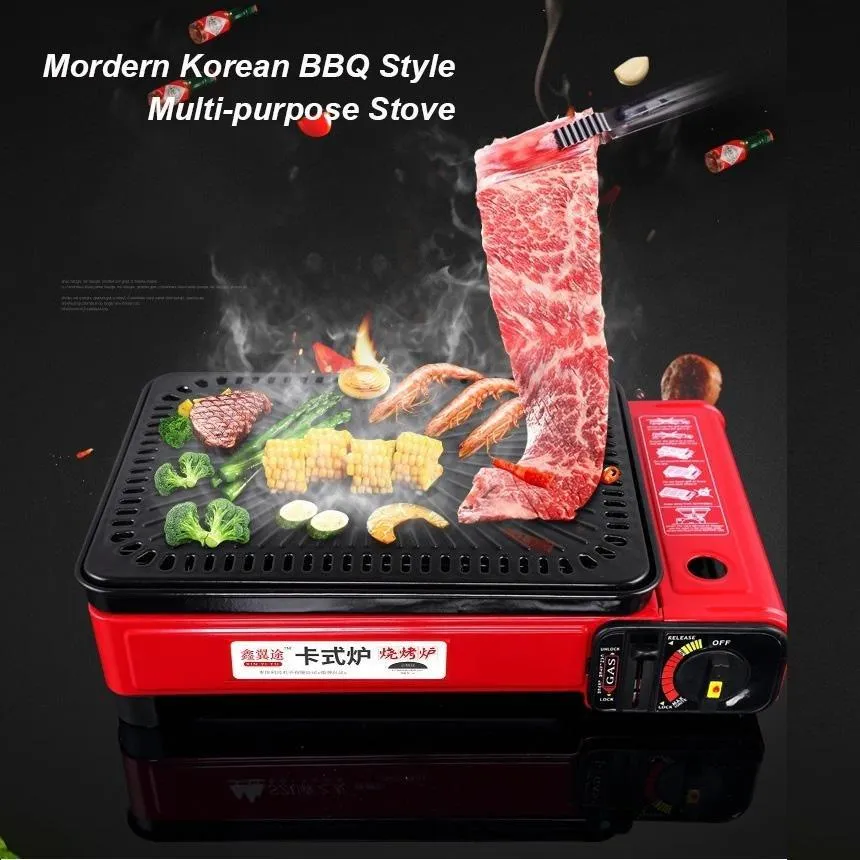 Portable Gas Stove Burner Butane BBQ Camping Cooker with Non-Stick Plate Red