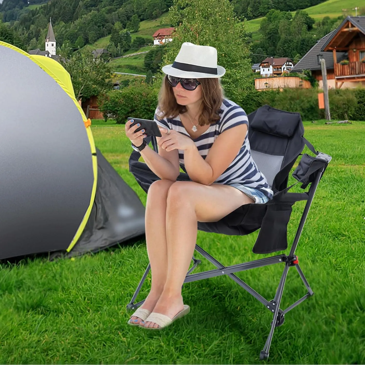 Portable Hammock Chair, Camping Chair, Rocker Camping Chair, Swinging Chair, Lightweight & Portable, with Pocket, Cupholder, Easy to Carry, Heavy Duty for Outdoor Camping & Picnic (1 Pack)