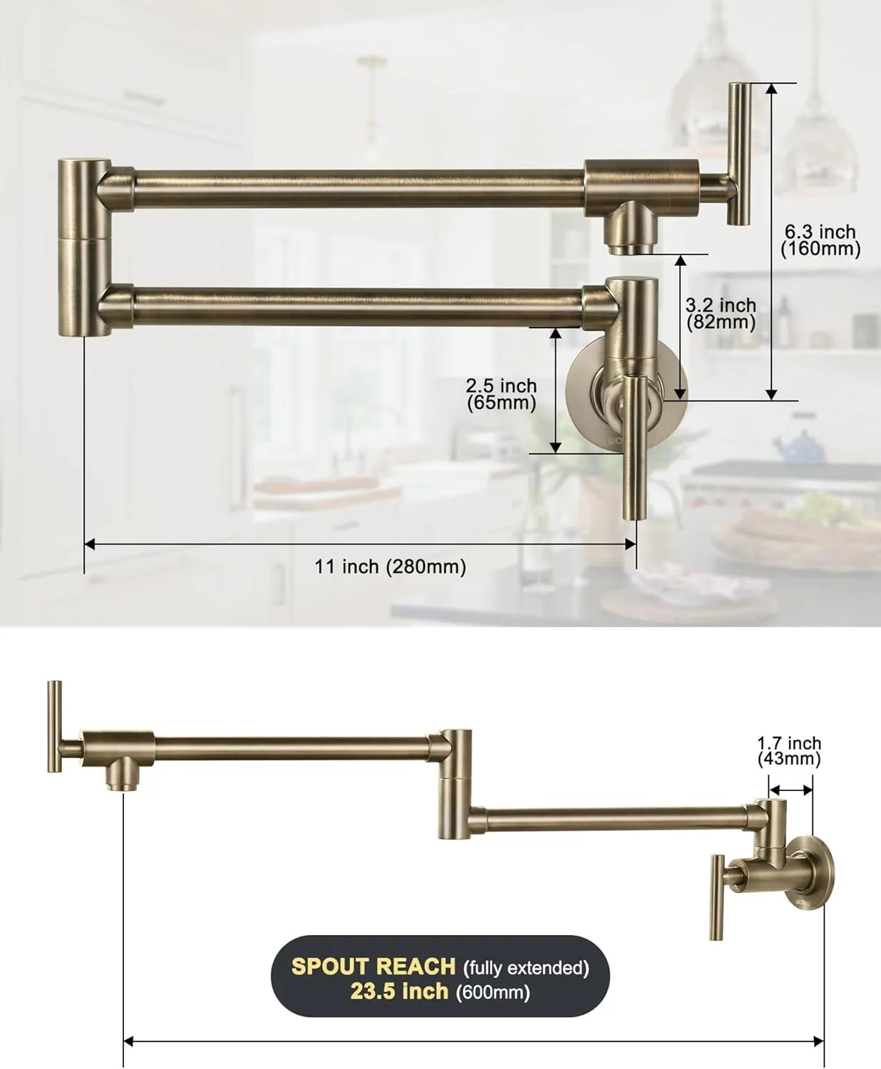 Pot Filler Faucet Green Bronze, WOWOW Brass Pot Filler Wall Mount Kitchen Stove Faucet with Double Joint Swing Arms