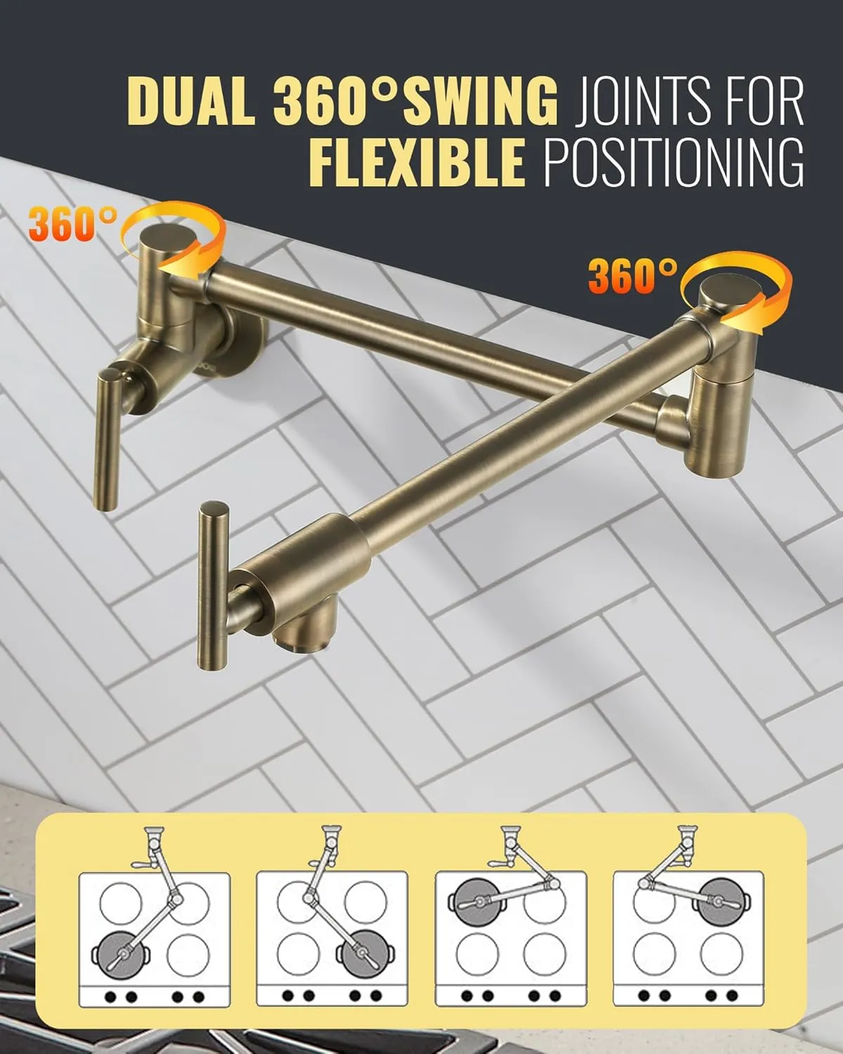 Pot Filler Faucet Green Bronze, WOWOW Brass Pot Filler Wall Mount Kitchen Stove Faucet with Double Joint Swing Arms