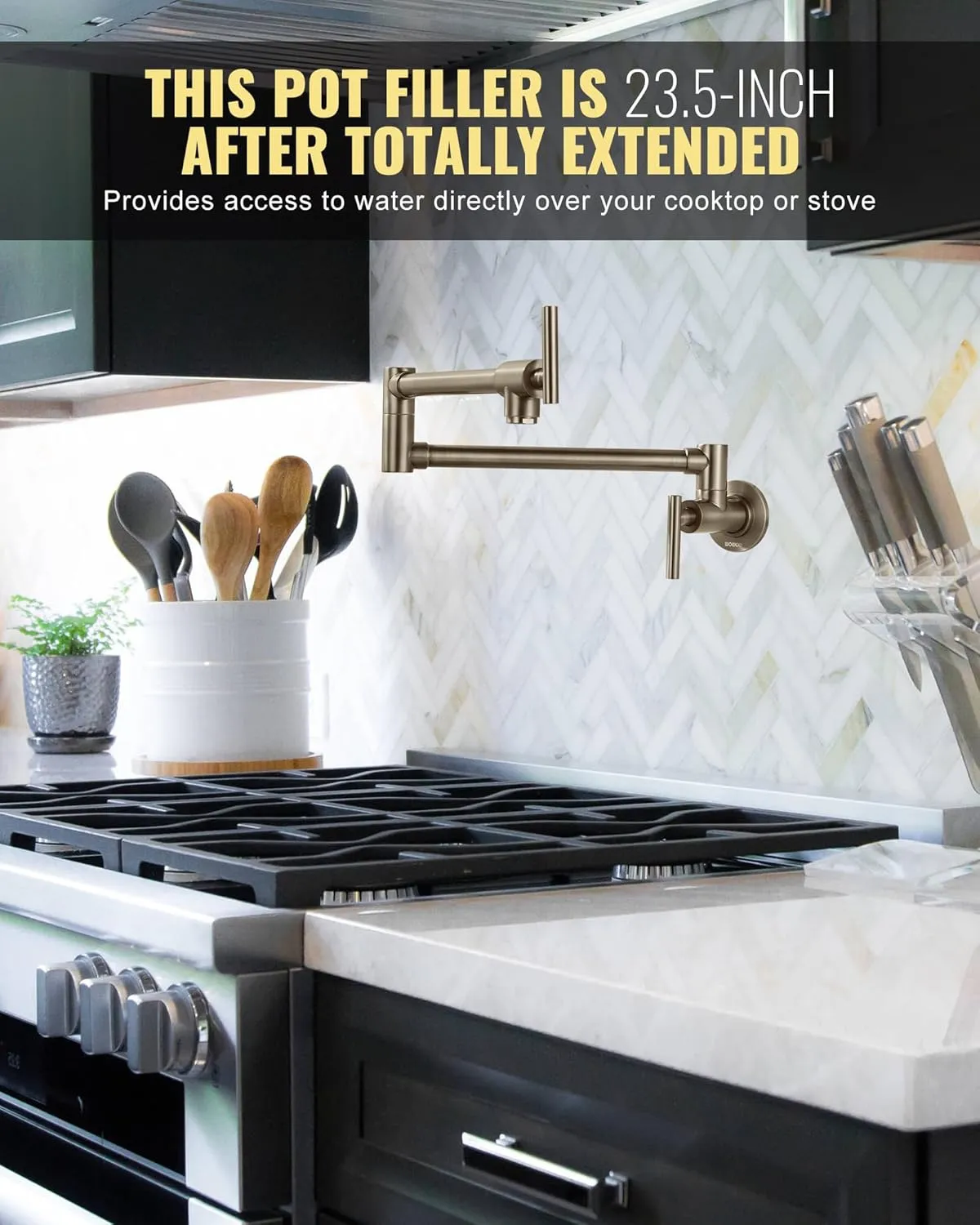 Pot Filler Faucet Green Bronze, WOWOW Brass Pot Filler Wall Mount Kitchen Stove Faucet with Double Joint Swing Arms