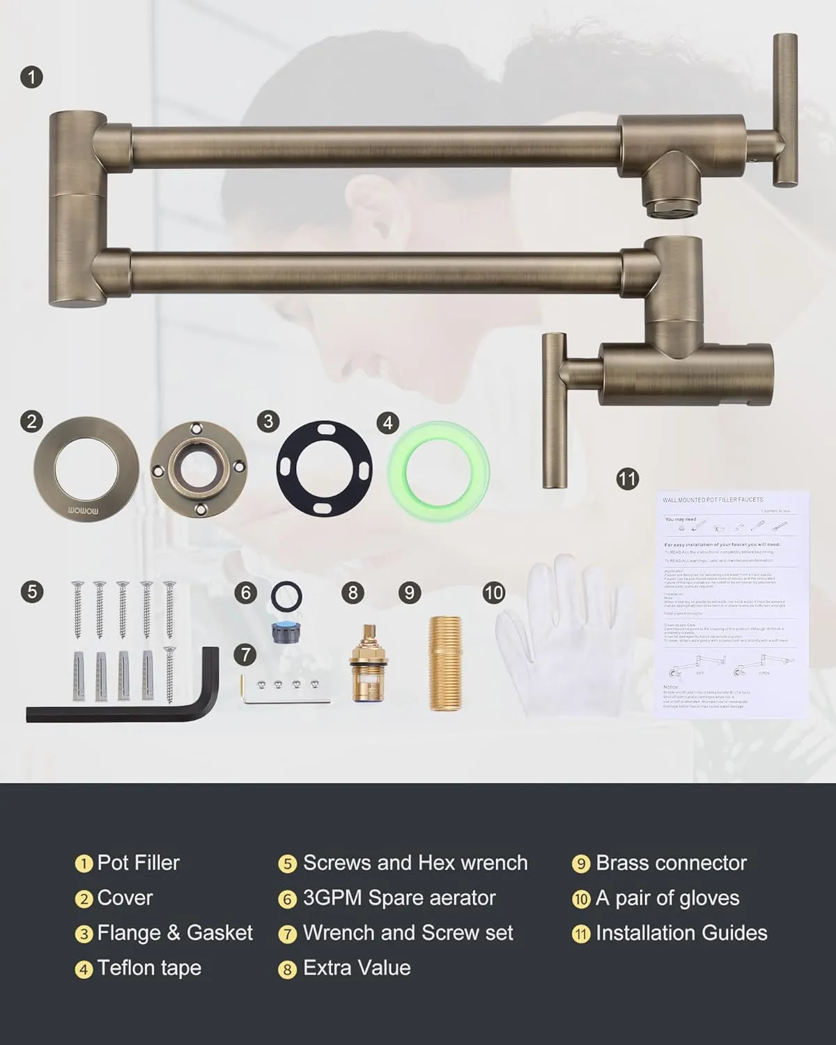 Pot Filler Faucet Green Bronze, WOWOW Brass Pot Filler Wall Mount Kitchen Stove Faucet with Double Joint Swing Arms