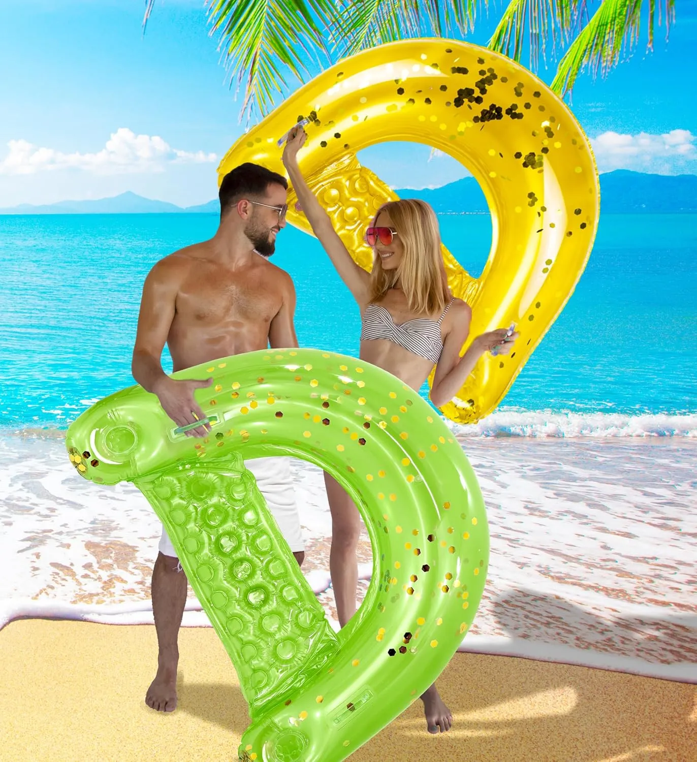 POZA Inflatable Pool Float Chair - Luxurious Lounger Filled with Sparkle Confetti, 2 Built in Cup Holders & Handles, Water Floating Chair for Beach, Lake & Swimming Pool - 48 x 38 Inch