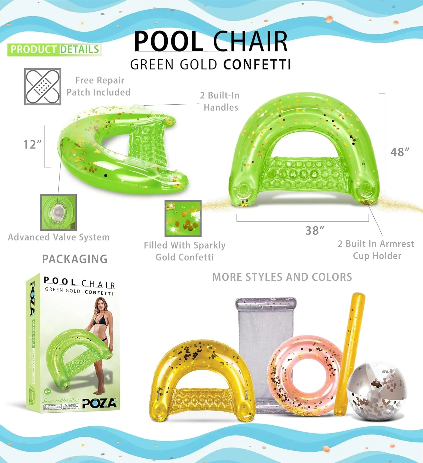 POZA Inflatable Pool Float Chair - Luxurious Lounger Filled with Sparkle Confetti, 2 Built in Cup Holders & Handles, Water Floating Chair for Beach, Lake & Swimming Pool - 48 x 38 Inch